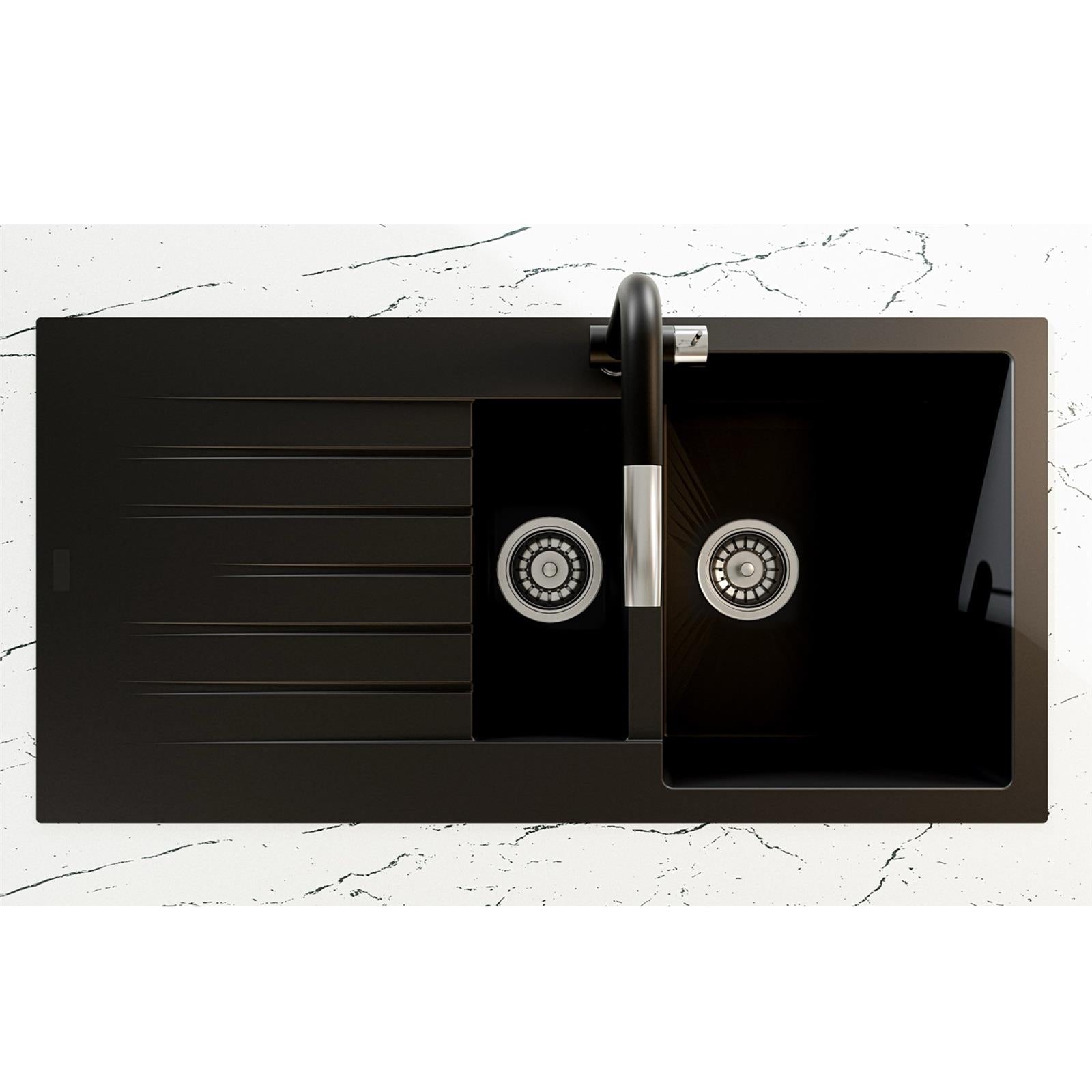 Liquida GRN150BL 1.5 Bowl Black Granite Reversible Kitchen Sink With Wastes